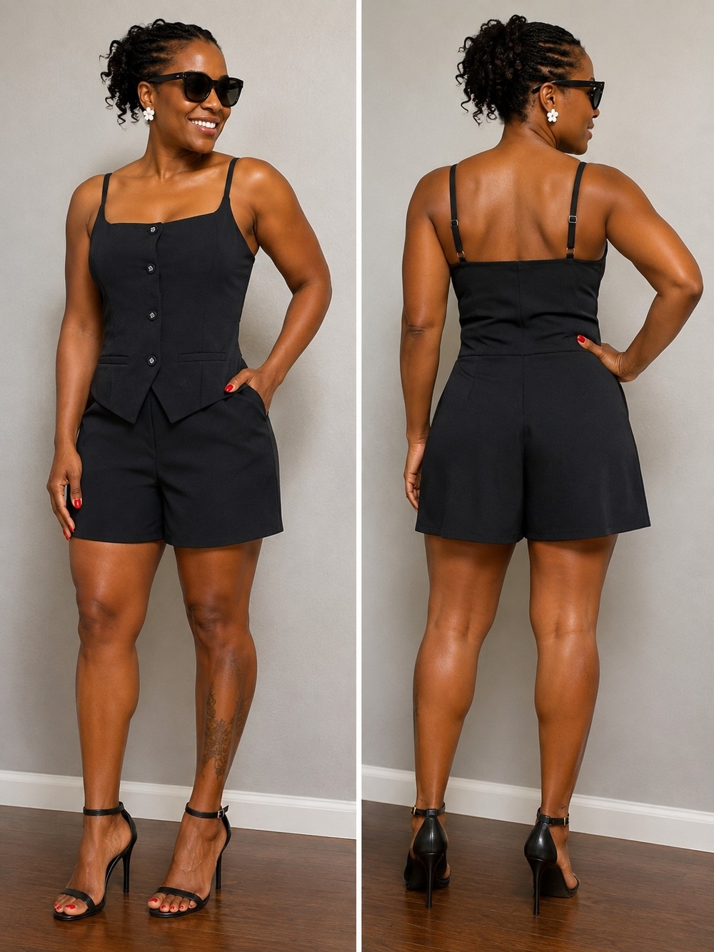 Women’s Black Tailored High-Rise Romper Shorts